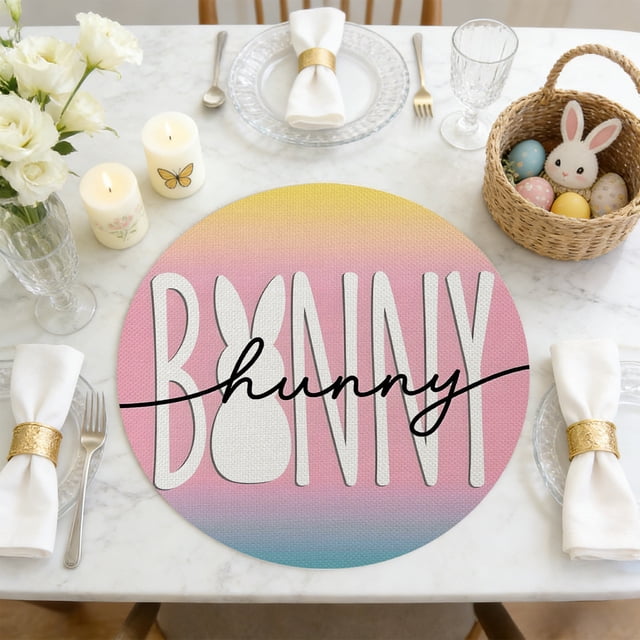 Uuiauoio Round Easter Placemats Set of 1, Easter Egg Bunny Rabbit Place Mats Flower Seasonal Spring Table Decor for Home Party Kitchen Dining Tableware Decorations