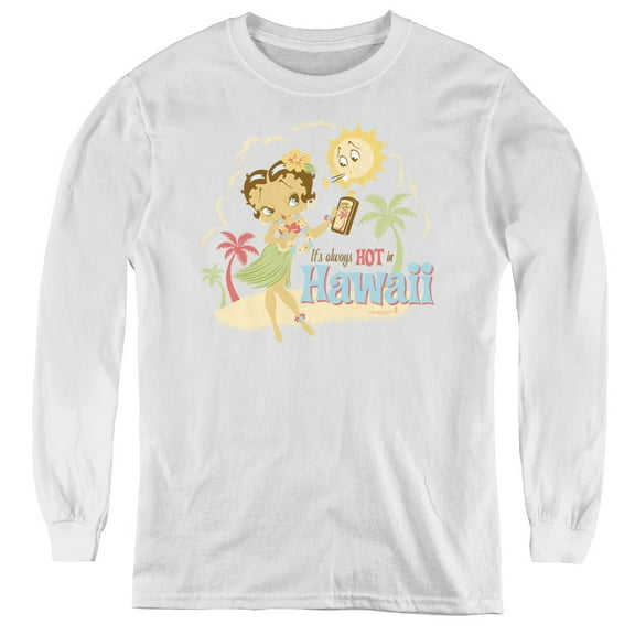 Betty Boop Hot In Hawaii Youth Long Sleeve T-Shirt Tee White