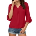 thumbnail image 4 of Pxxlle Chiffon Shirts for Women Dressy Ruffle 3/4 Sleeve Shirt Business Casual V Neck Pleated Blouses Solid Color Tops for Office Work Red M, 4 of 5