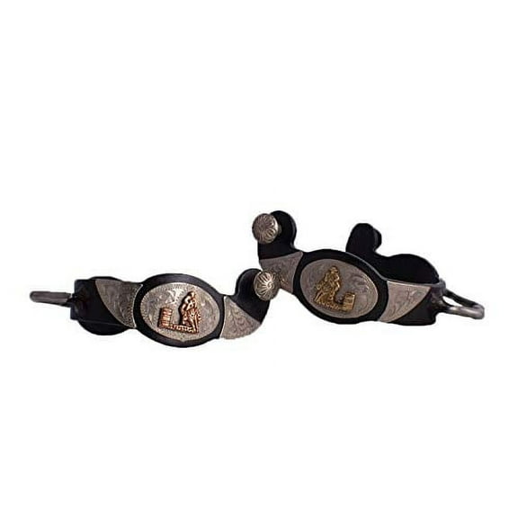 Showman Ladies Black Steel Bumper Spurs w/ Copper/Gold Barrel Racer & Engraved Silver Overlay