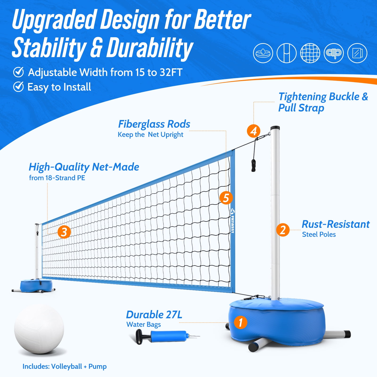 PATIASSY Pool Volleyball Net Set with Weighted Base Adjustable 15ft-32ft Length Portable Outdoor Volleyball Net System for Swimming Pools