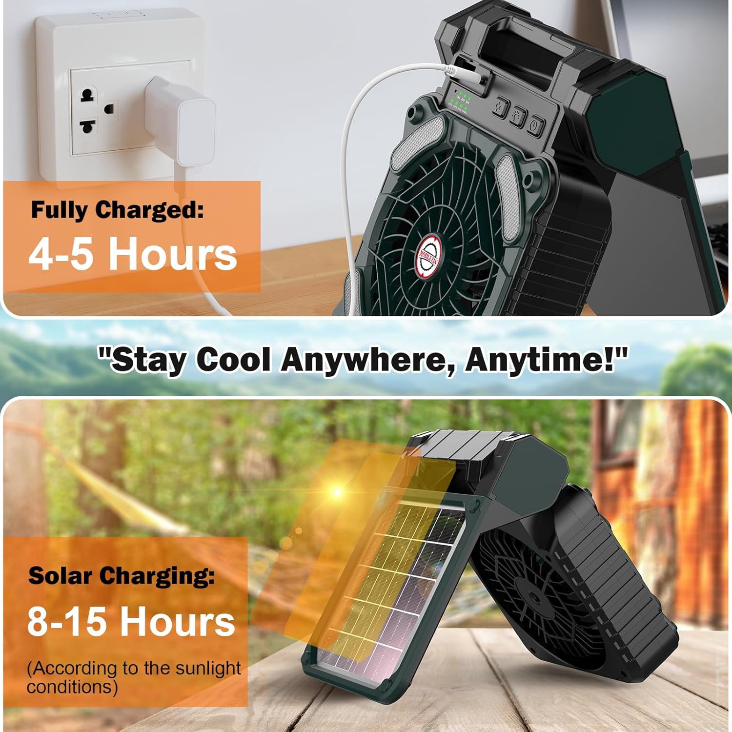 Solar Camping Fan with Light, 4 Speeds USB Rechargeable Solar Powered Fan with Timer, 90° Folding Portable Desk Fan with Power Bank Feature for Hurricane Outages Outdoor Camping Fishing Travel BBQ