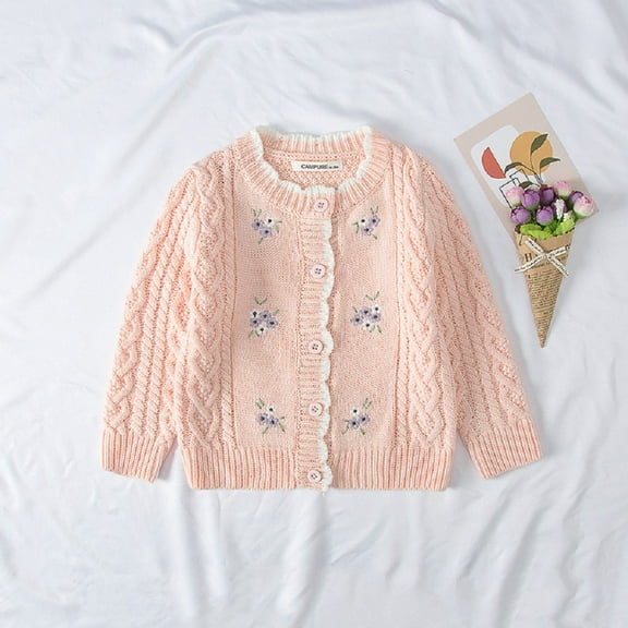 Esaierr 12M-6Y Baby Girls Cardigan Jacket,Toddler Girls Crew Neck Button Cardigan Sweater,Kids Spring Fall Hand-Embroidered Small Flowers Knit Top
