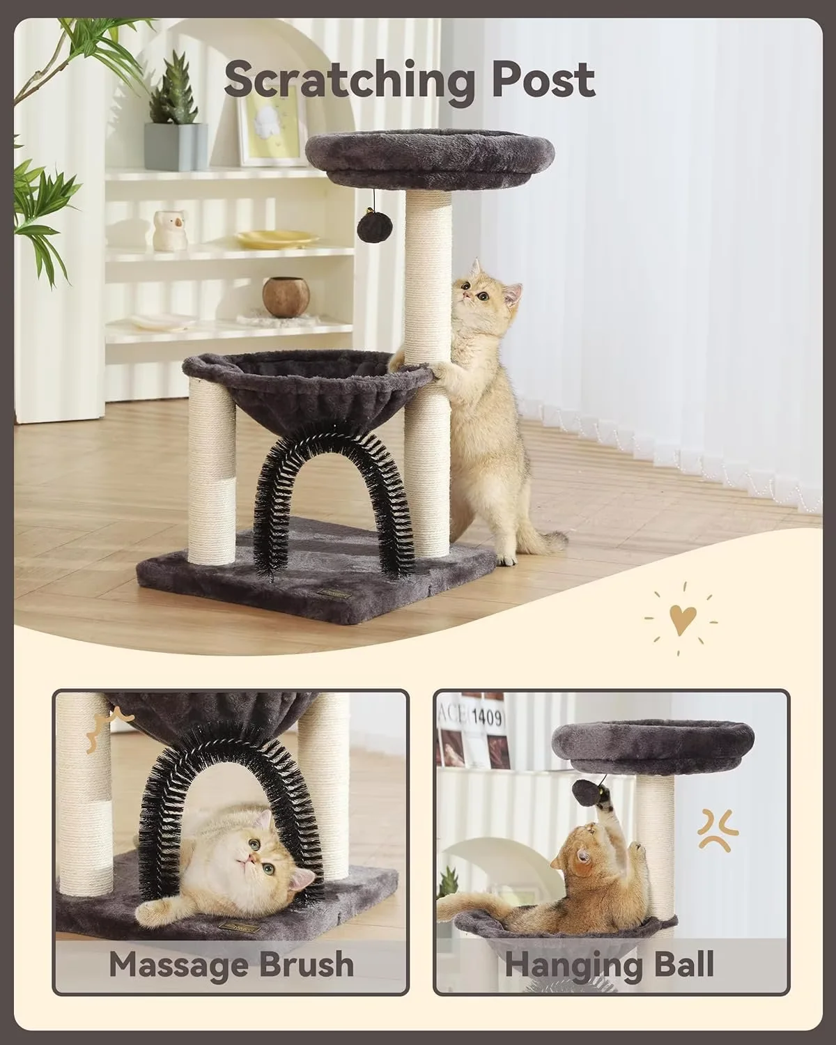 FluffyDream Small Cat Tree Tower for Indoor Cats, 5-in-1 27.8" Multi-Level Cat Tree with Scratching Posts, Plush Hammock, Perch, Self Groomer Brush, Dangling Ball for Kittens/Small Cats Play &Rest