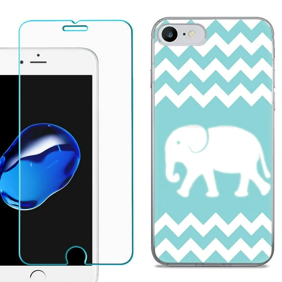 For Apple iPhone 7 / iPhone 8 Case, Slim-Fit TPU Phone Case, with Tempered Glass Screen Protector, by OneToughShield ® - Chevron/Teal/Elephant