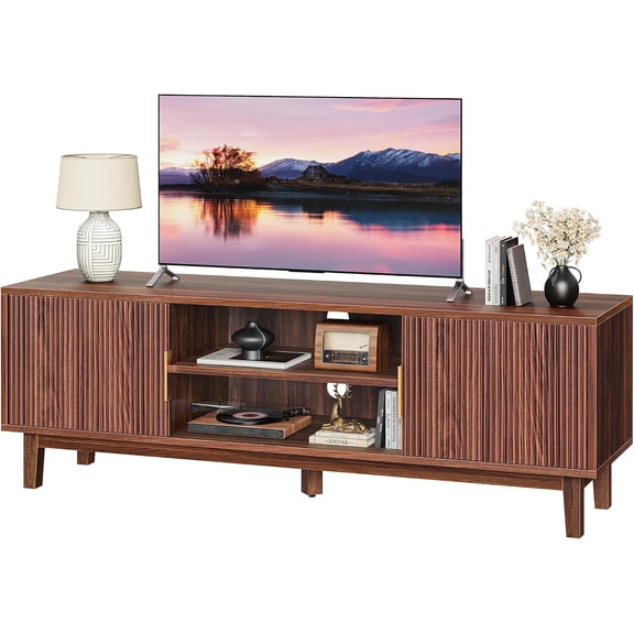 54 Inch Fluted TV Stand for TVs Up to 55, 60 Inch, Mid Century Modern Entertainment Center with Storage, TV Console with Adjustable Shelves, Media Console for Living Room Bedroom, Brown