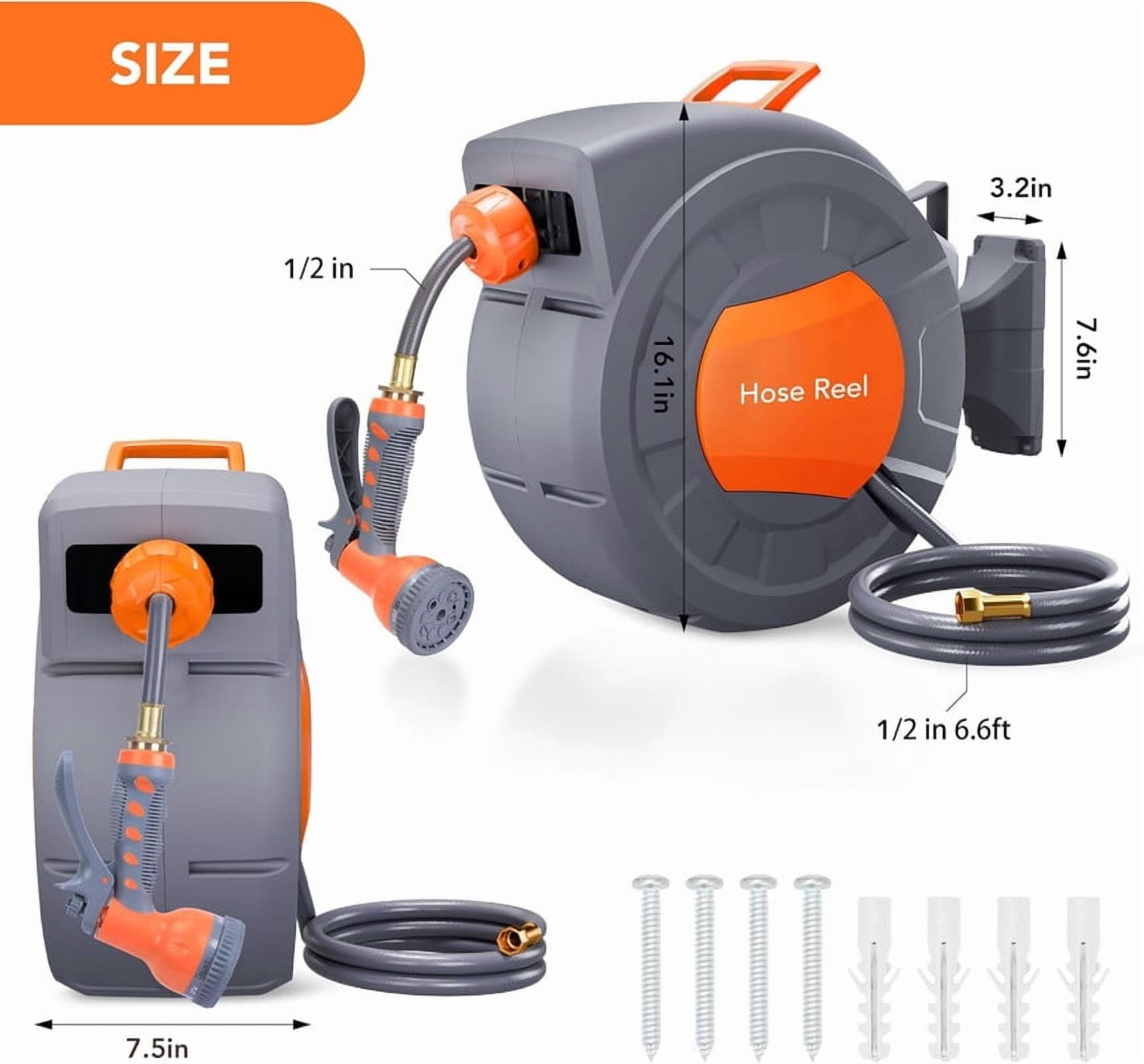 Towallmark Retractable Hose Reel & Garden Hose - Flarhetoric 1/2 in x 72 ft Automatic Retractable Hose with 9-Pattern Nozzle, Lockable Length, 180° Swivel Stand, Wall Mount