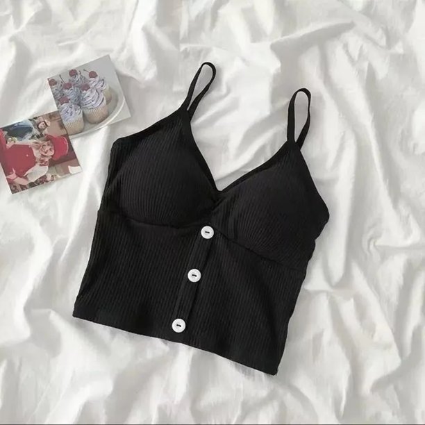 VISgogo Camisola de punto de verano para mujer, color sólido, sin mangas, sin espalda, con botones VISgogo moda