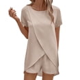 thumbnail image 2 of Cagogo Women's Plus Size 2 Piece Outfit Round Neck Short Sleeve Tshirt Shorts Set Casual Summer Cruise Boho Vacation Loose Matching Sets Airport Travel Clothes, Khaki M, 2 of 6