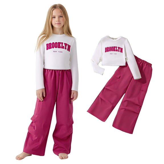2 Piece Outfits Sets Girls Long Sleeve Letter Print T-Shirt Top and Cargo Pants Sets Girl Spring Clothes Girls Sets Size 7-8 Years