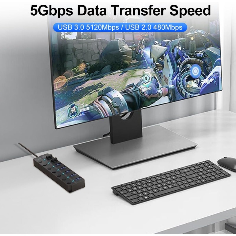 Independent Power Switch and LED On/Off 7-Port USB 3.0 Hub, Ultra-Slim 5Gbps Super Speed ​​USB Data Transfer Hub Expansion Splitter for MacBook, XPS, PC, USB Flash Drive, Mobile Hard Drive, etc.