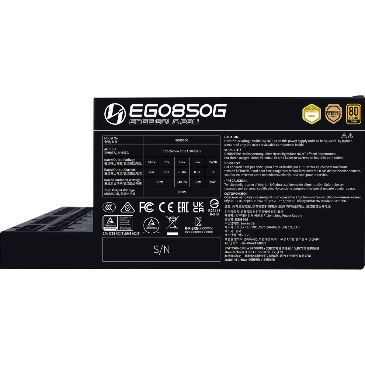 Lian Li EG0850GBlack 850W Full Modular Power Supply ATX 3.1 / PCIe 5.1 12V-2x6 Black
