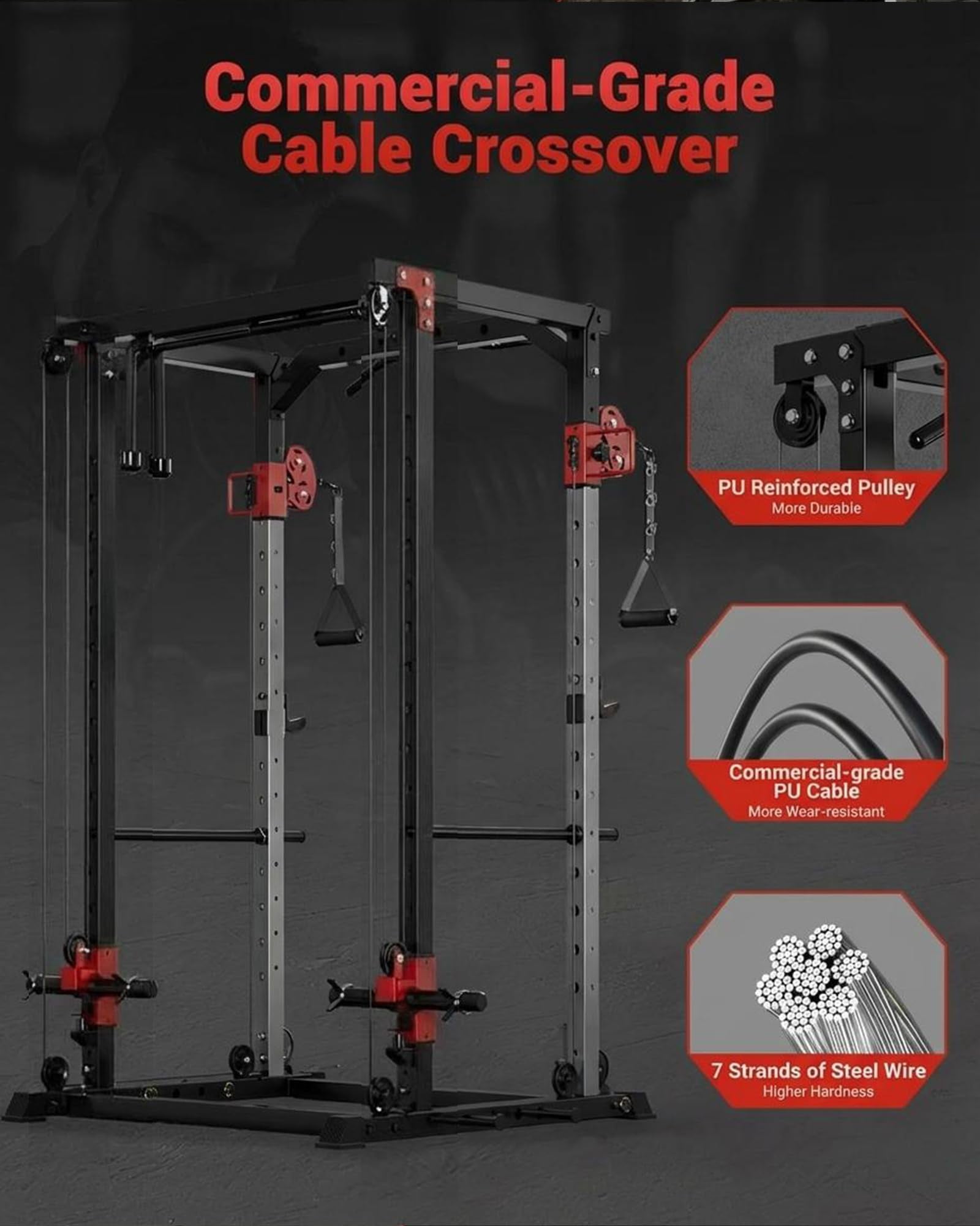 Memoryfield Multi-Functional Fitness Power Cage, 1200LBS Squat Rack with Dual Pulley for Complete Home Strength Workout, Red
