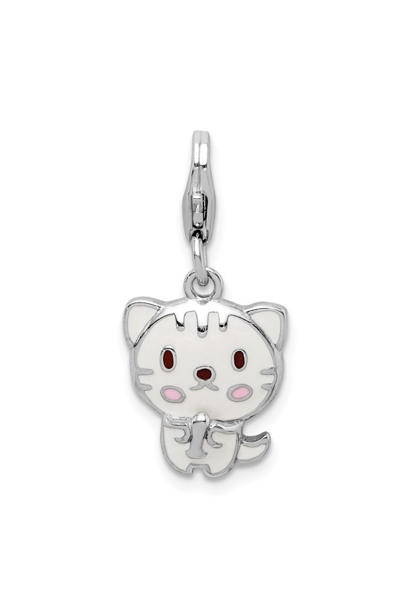 Sterling Silver Rhodium-plated Enameled Kitten w/Lobster Clasp Charm