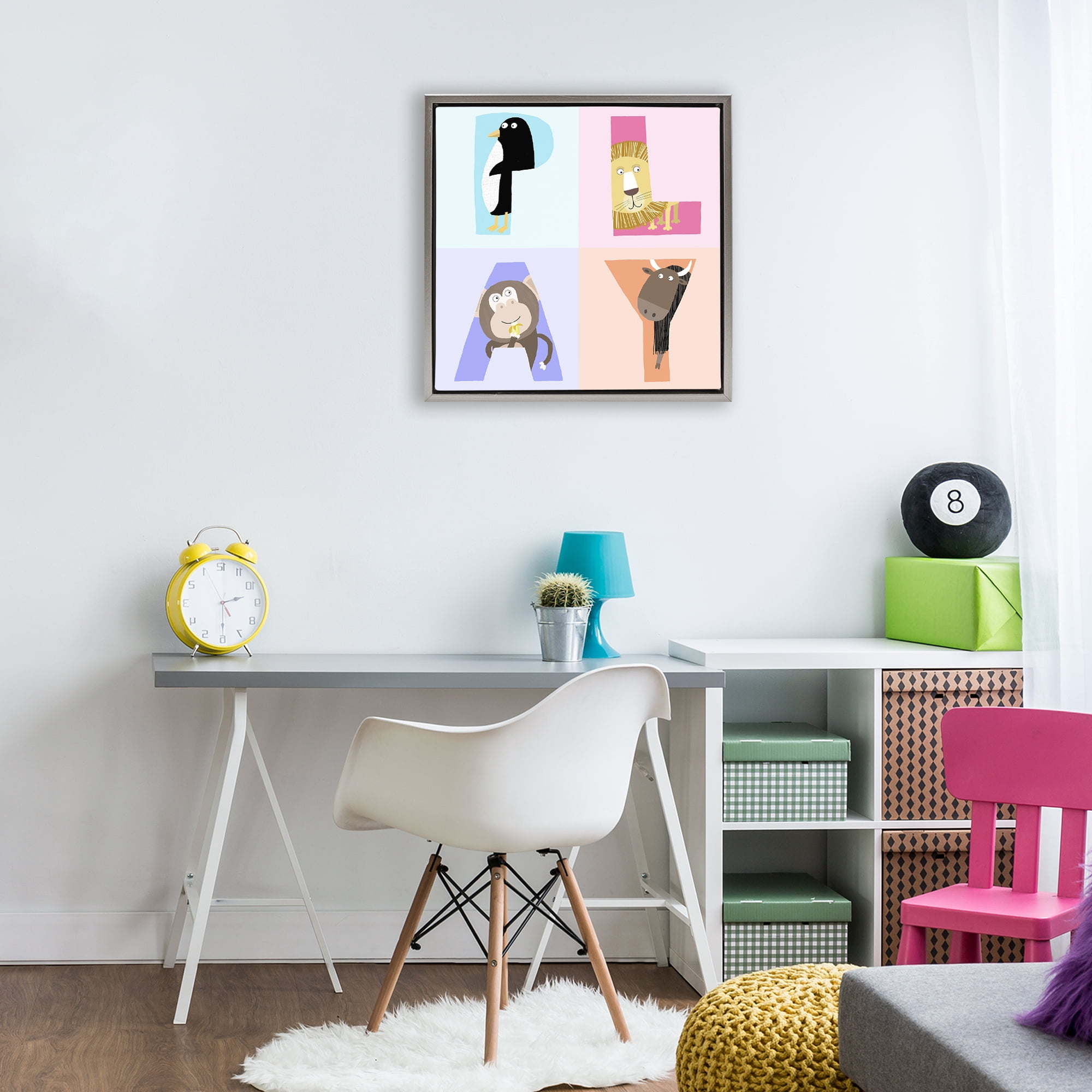 Stupell Industries Play Letters Squares with Animals Gray Framed Floater Canvas Wall Art, design by Carla Daly
