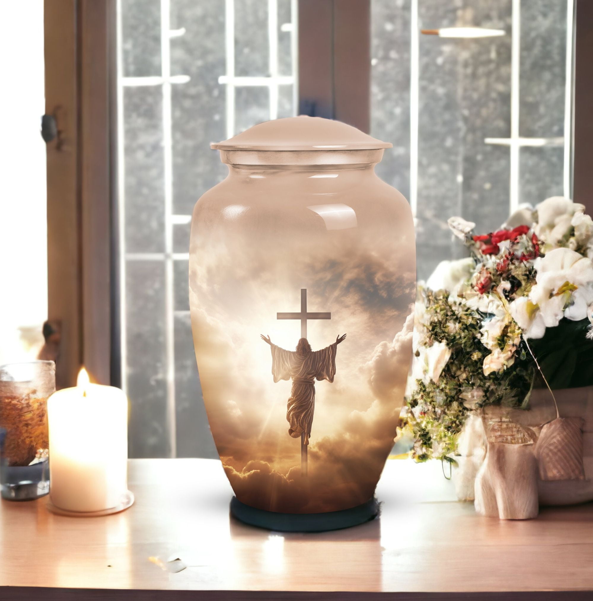 Jesus Christ In Front Of The Holy Cross In Sky - Human Urns For Ashes Adult Urns- Adult Urns For Human Ashes - Urn For Human Ashes - Urns For Ashes Adult Female (Size -10inch)