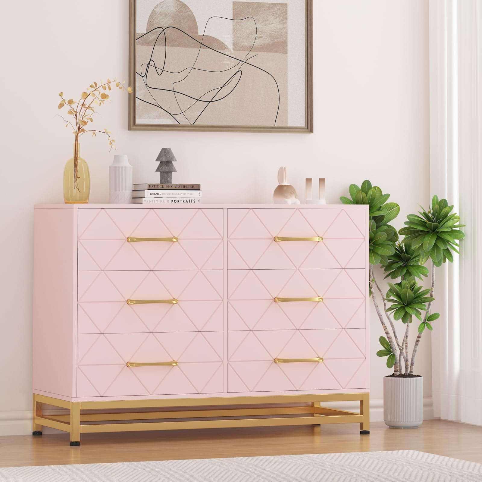 TROPOW Dressers & Chests of Drawers,6 Drawers Dresser for Bedroom, TV Stand Dressers Chest of Drawers for Living Room Hallway Entryway, Pink