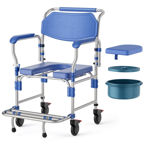 Wefree Aluminum Alloy Rolling Shower Chair with Wheels for Adults, Commode with Padded Seat and Backrest, 330lbs Capacity, 6.3QT Removable Bucket
