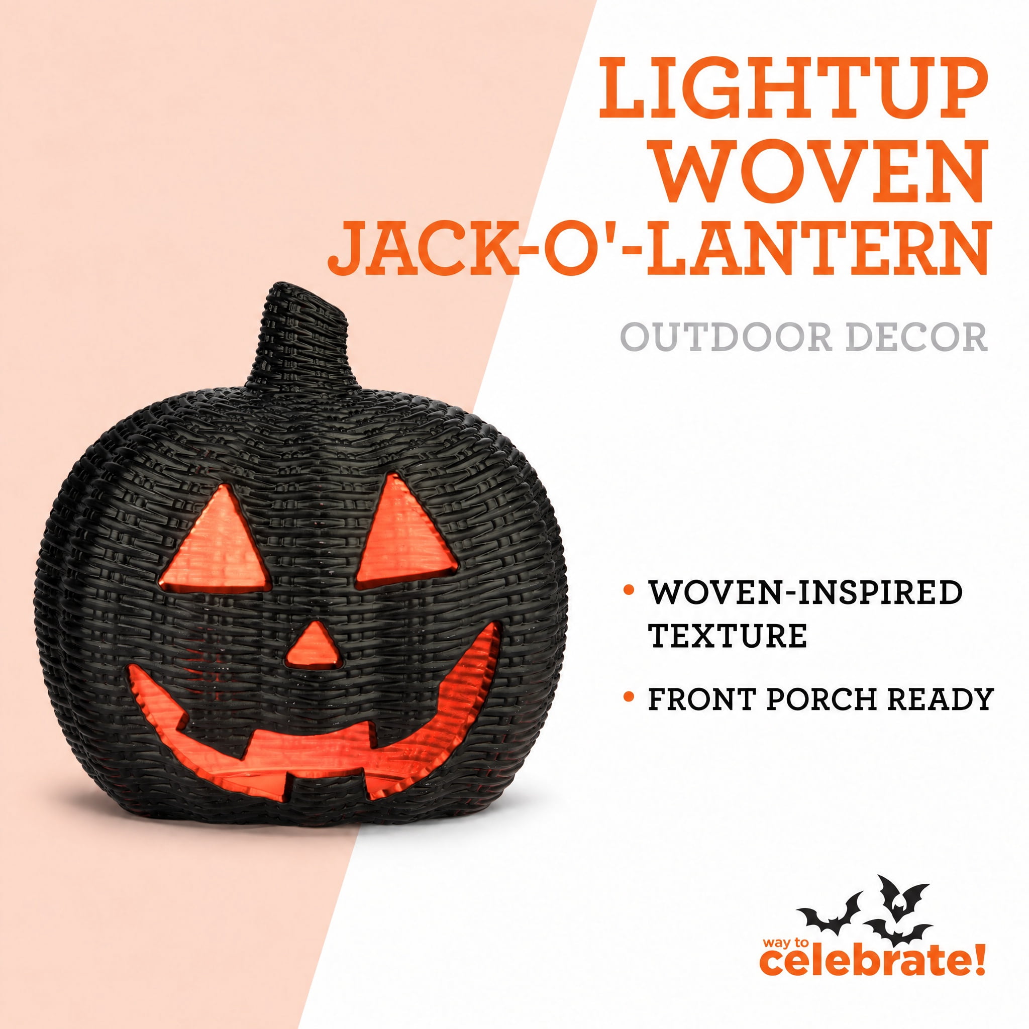 Light-Up Woven Jack-o'-Lantern Decoration, Black, 8.6", Halloween by Way To Celebrate