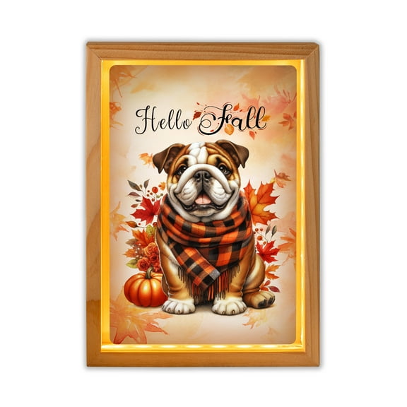 Hello Fall Bulldog Scarf Welcome Autumn with Leaves Pumpkins Acrylic Plaque with Wood Photo Frame Box Dog Lover Gifts Idea Light Box - 00011