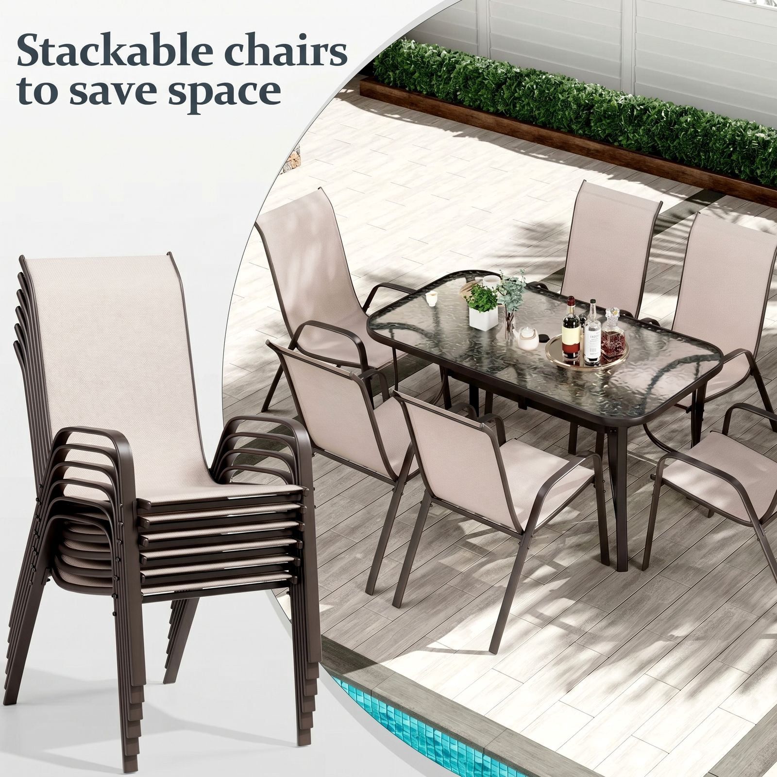 Pirecart 7pcs Patio Dining Set, Outdoor Dining Table with Umbrella Hole & 6 Stackable Textilene Fabric Dining Chairs, All Weather Patio Furniture Set, Beige