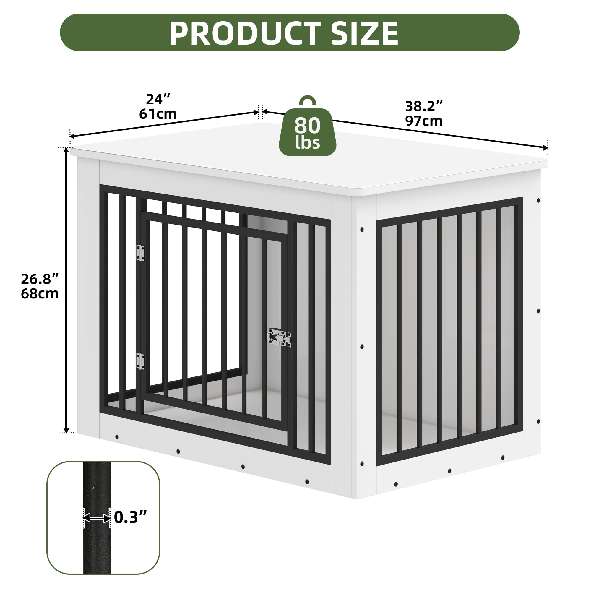 Uforic 38" Wooden Indoor Dog Kennel with Chew Resistant Metal Frame, with Waterproof Top & Rounded Corners for Indoor Use, White