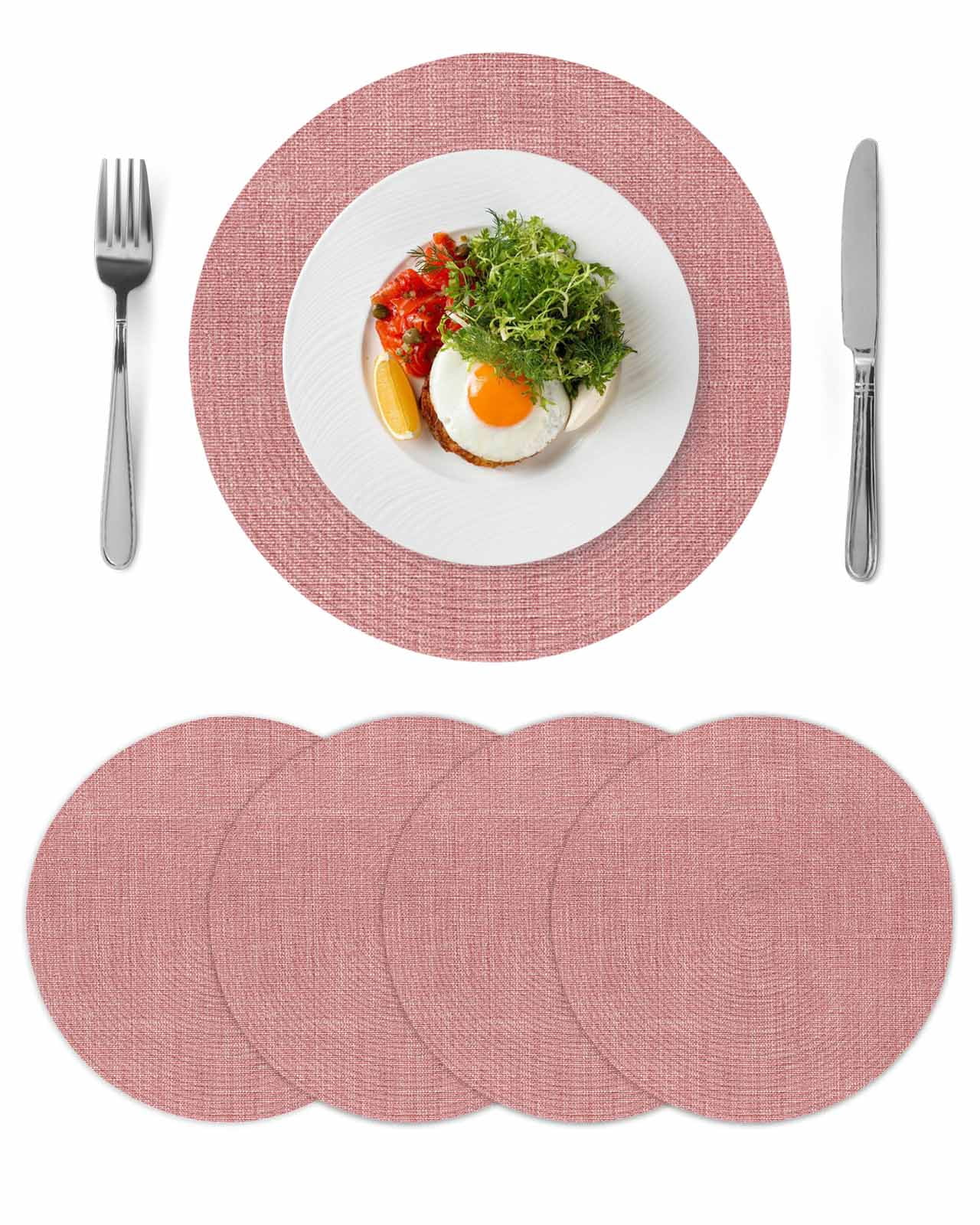Round Placemats Set of 4 Peach Pink Linen Place Mats Washable Woven Placemat Farmhouse Pure Color Circle Braided Table Mat for Kitchen Dining Table Party Home Decor 15 Inch