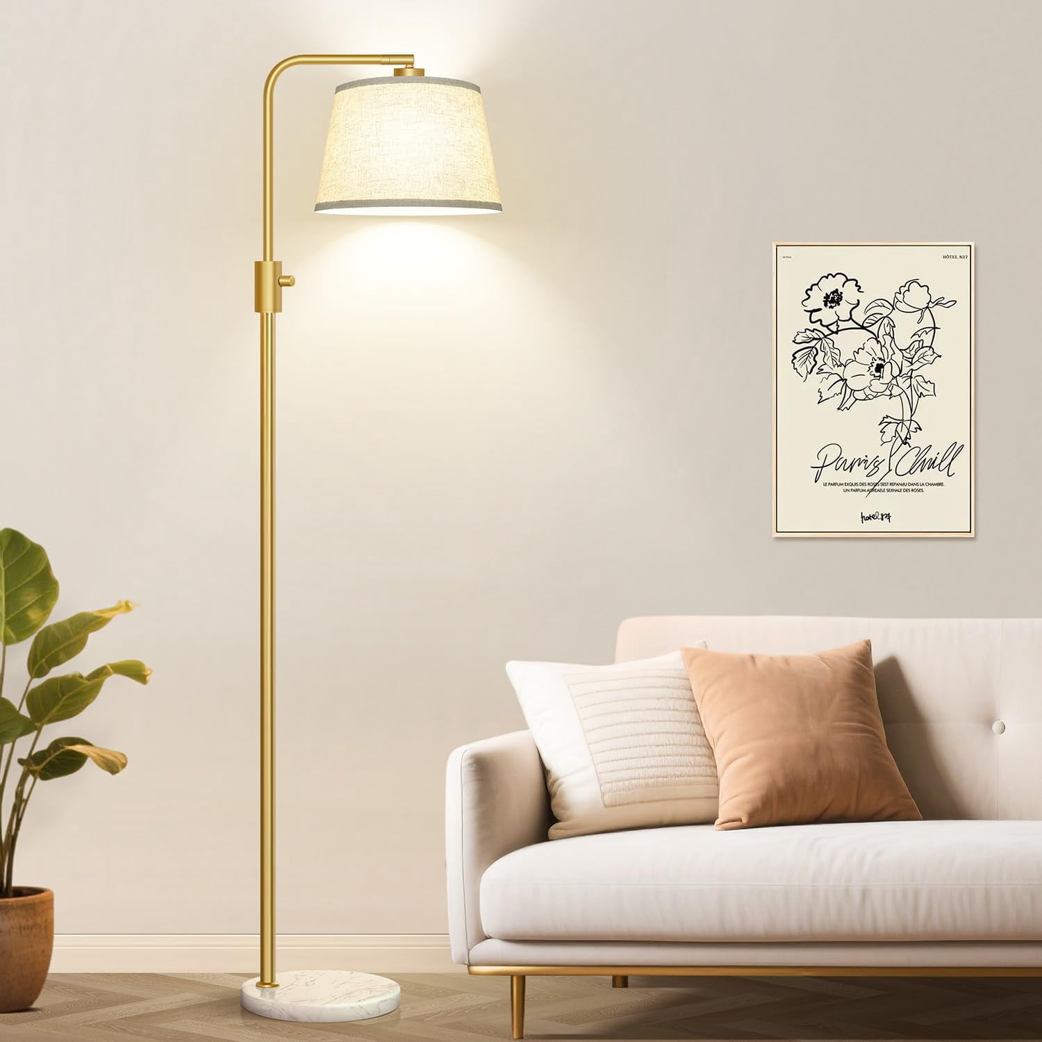 Floor Lamp Gold-White Shade-Marble Base Dimmable Standing Lamp for Living Room and Bedroom