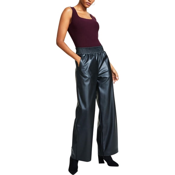 bar III Womens Solid Faux Leather Casual Wide Leg Pants, black, Petite, PXS