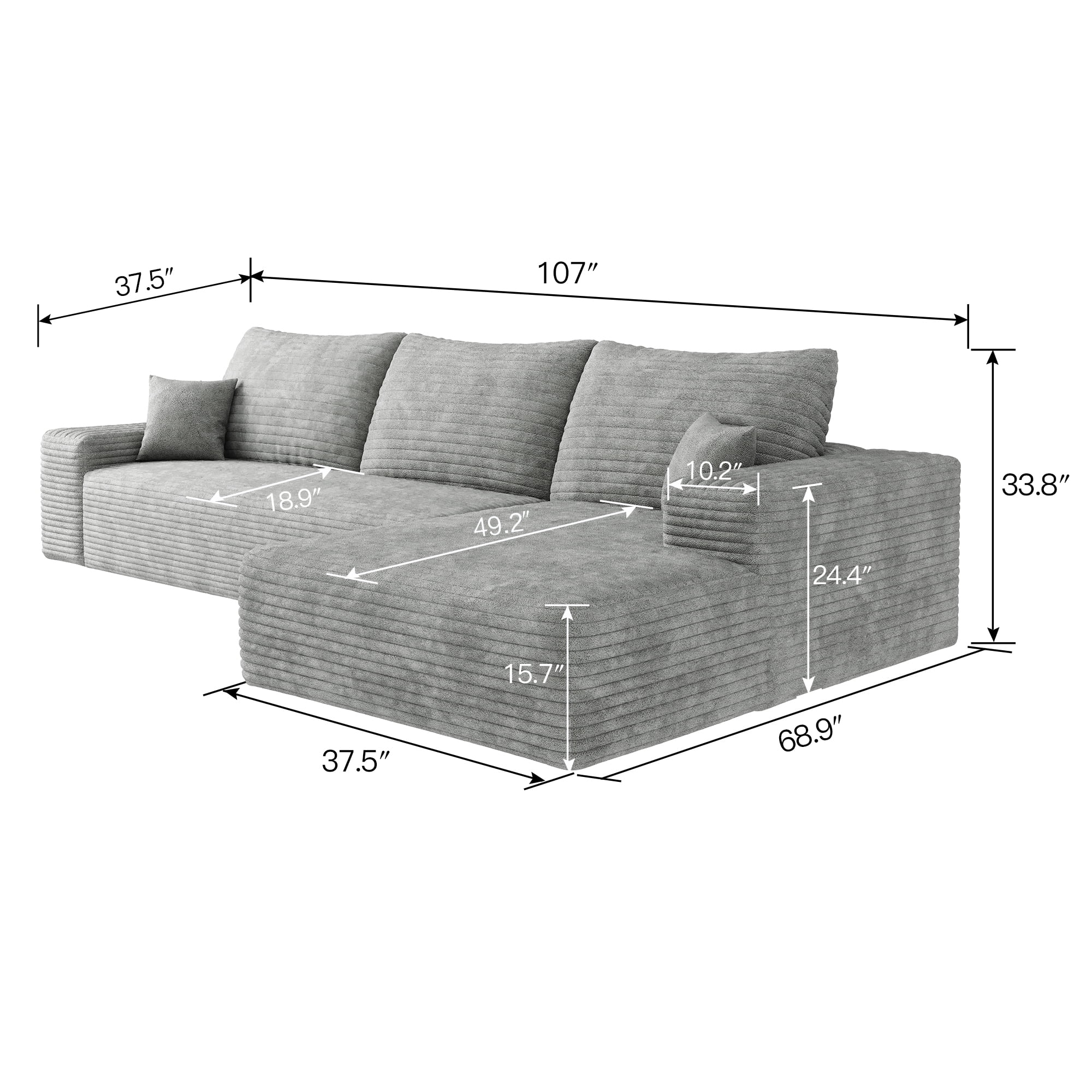 Cloud Sectional Sofa 107 Inch, L-Shape Modular Couch with Deep Seat and Corduroy Fabric, Upholstered Living Room Sofa Set, No Assembly Required, Gray