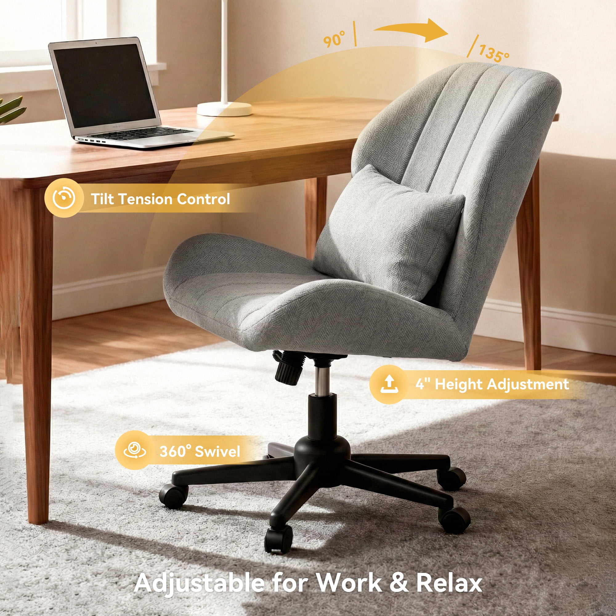 YIKEMA High Back Armless Rolling Office Chair, Wide Ergonomic Seat, Light Gray