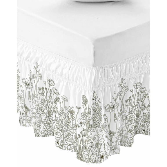 Botanical Flowers Wrap Around Bed Skirts for Queen Bed 16" Drop,Bed Skirt with Adjustable Elastic Belt Bedroom Dust Ruffle Bed Valance Hotel Farmhouse Abstract Floral Plants Herbs Bed Frame Cover