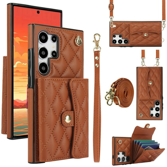 Compatible with Samsung Galaxy S24 Ultra Wallet Case with Crossbody Strap and Wrist Strap, RFID Blocking Stand PU Leather Credit Card Holder Cell Accessories Phone Cover Magnetic Buckle - Brown