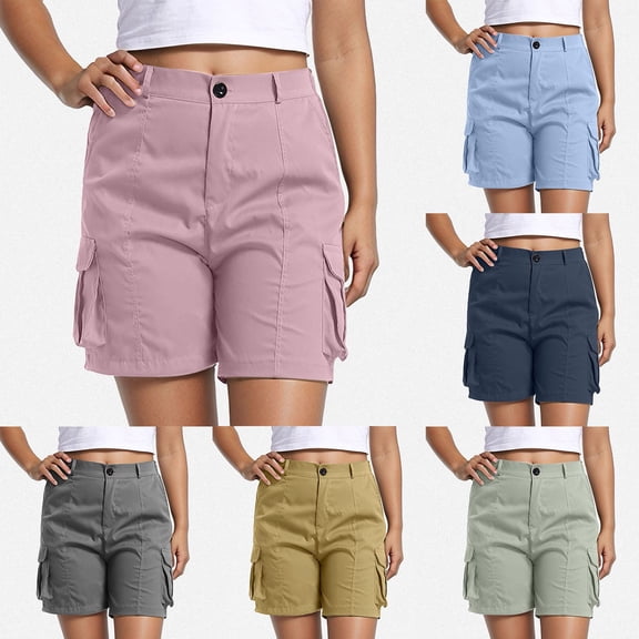 SOFTCCLO Shorts for Women Casual Solid Cargo Shorts Multi Pocket Elastic Waist Casual Womens Shorts Brown L