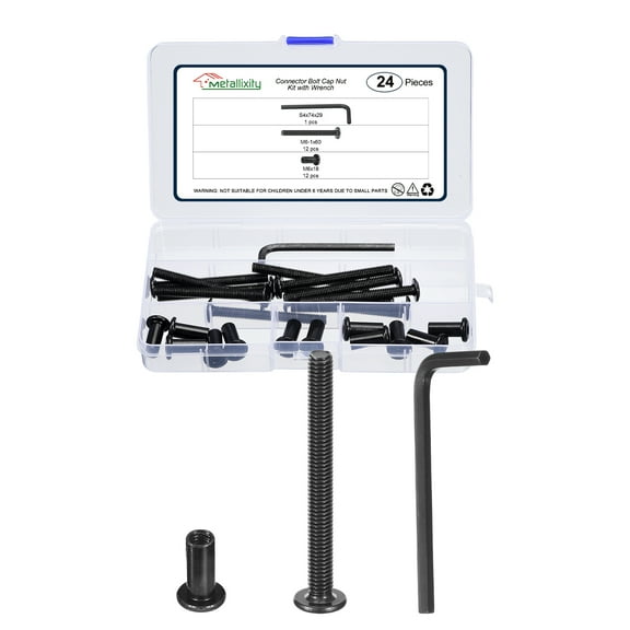 Furniture Connector Bolt Cap Nut Kit with Wrench(M6-1x60mm) 24Pcs, Connector Bolts M6 Countersunk Screw Barrel Nuts Binding Screws, for Chair Cabinet Bed, Black