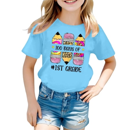 Boys Girls Short Sleeve Shirts Casual Print Girls Summer Tops Size 6 Crewneck Loose Fit Shirts Basic Cotton Shirts Graphic Tees Size 4-5 Years 1-Light Blue