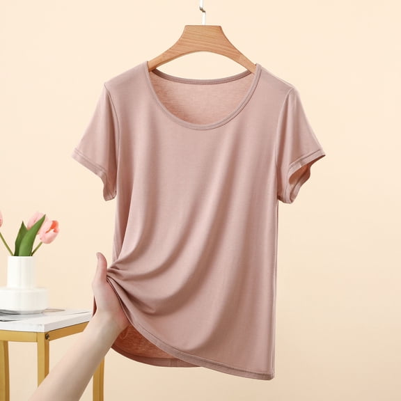 ClodeEU Women's Short Sleeve Scoop Neck Loose T-Shirt,Solid Color Casual Summer Tee Beige,Women's Plus L
