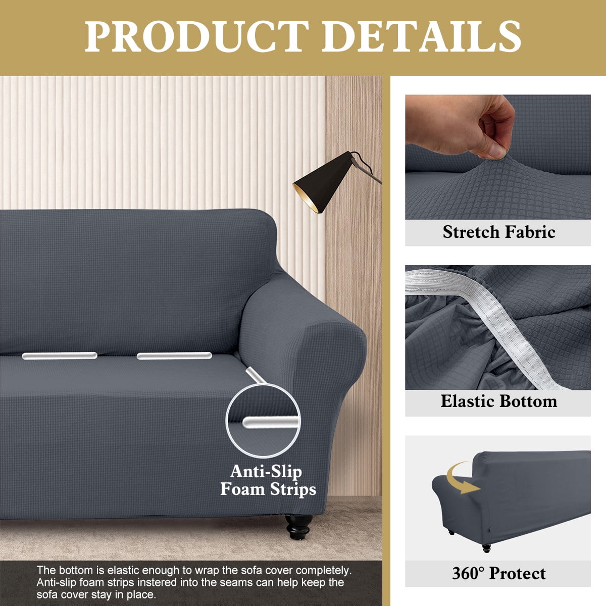 Sanmadrola Couch Cover Water Resistant Stretch Sofa Slipcover Jacquard Furniture Protector for Kids Pets Dog Cat, Dark Gray, Sofa