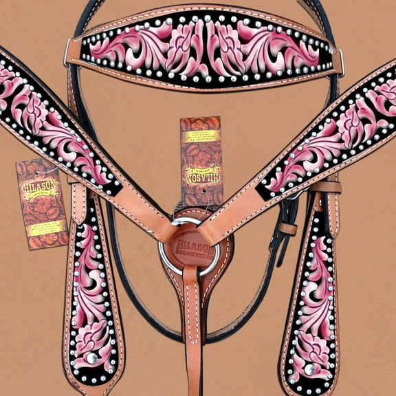 Hilason Western Horse Headstall Breast Collar Set American Leather Pink