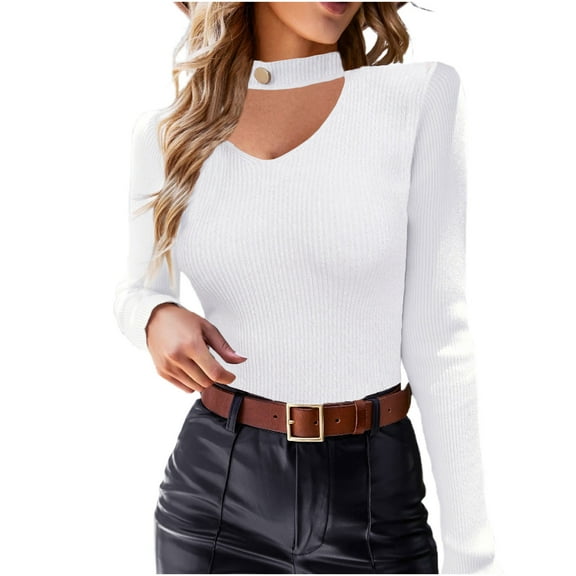 Htigea Sweater for Women Trendy V-Neck Long Sleeve Solid Slim Fit Jumpers Knit Pullover Tops Fall Winter Base Layer Sweaters White S