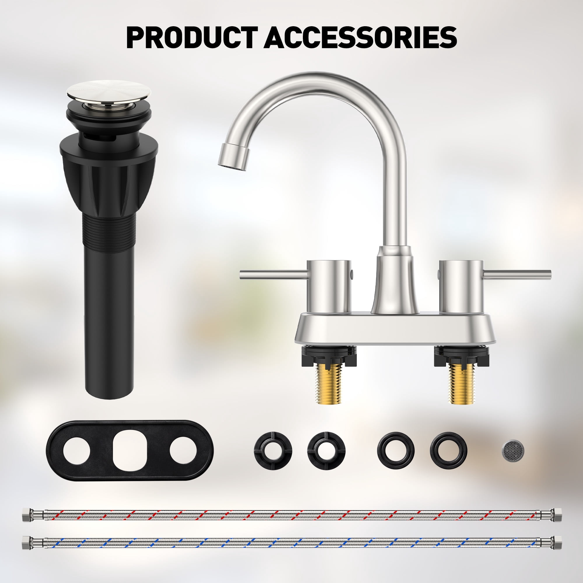 GPED Bathroom Faucets for Sink 3 Hole, 4 Inch Sink Faucet W/ Pop Up Drain and 2 Supply Hoses, Stainless Steel&Lead-Free, 2-Handle Centerset Faucet for Sink Vanity, No-Splashing Design,Brushed Nickel