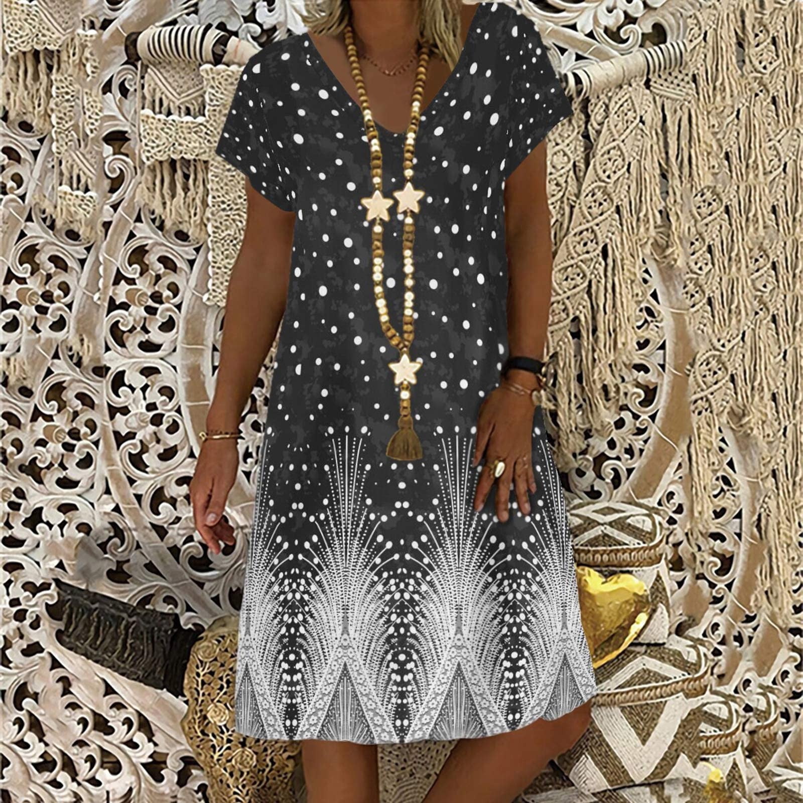 Finelylove Flowy Summer Dress For Women Sun Dress V-Neck Printed Short ...
