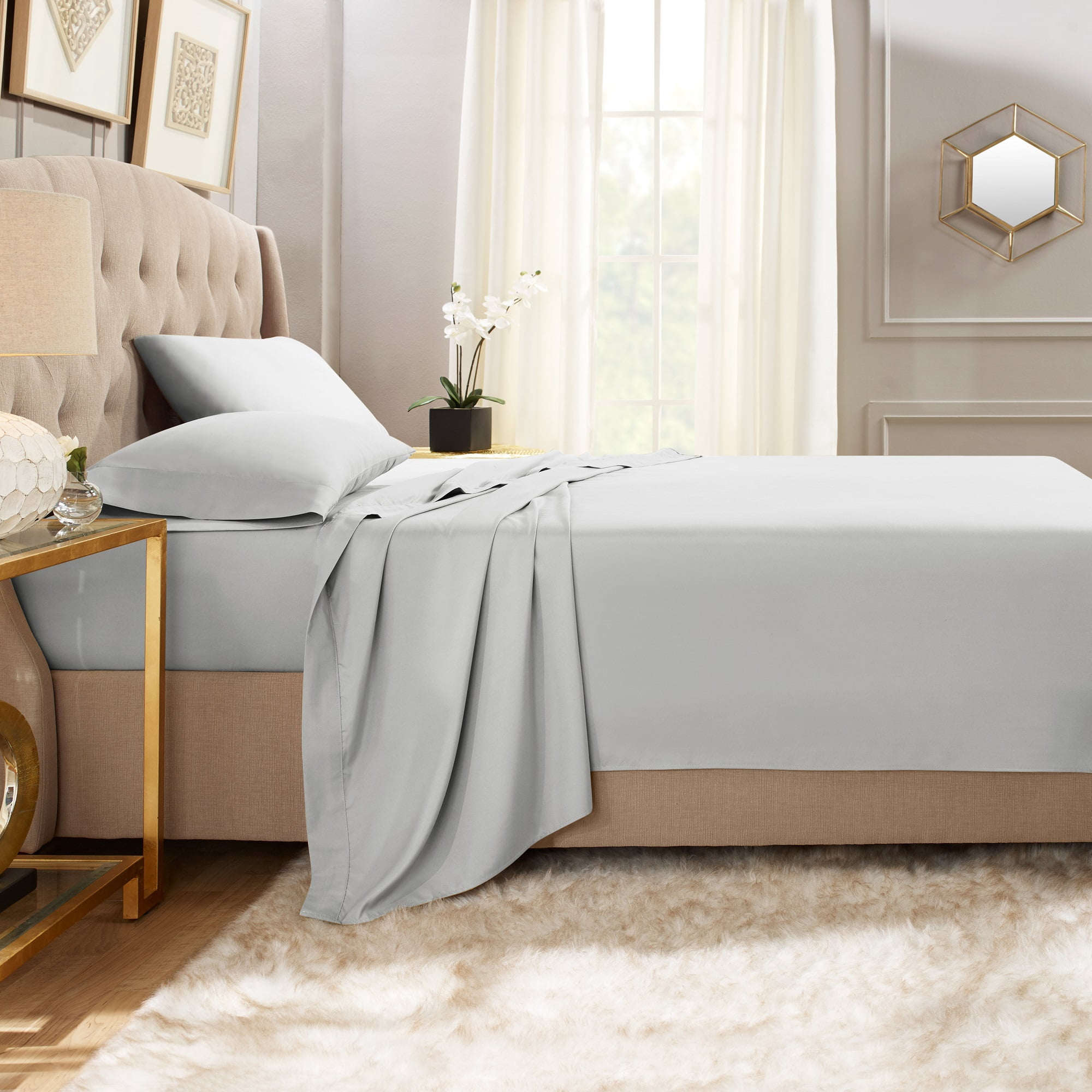 Hearth & Harbor Deep Pocket 3 Piece Solid Bed Sheet Set, 1800 Thread Count Microfiber Sheets, Twin-XL, Silver