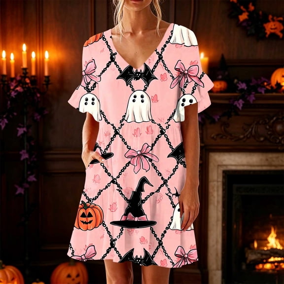 SELONE Halloween Pajamas Women Nightgown Plus Size Short Sleeve Dress Hat Pumpkin Ruffle Dress Gift for Wife Nightshirts