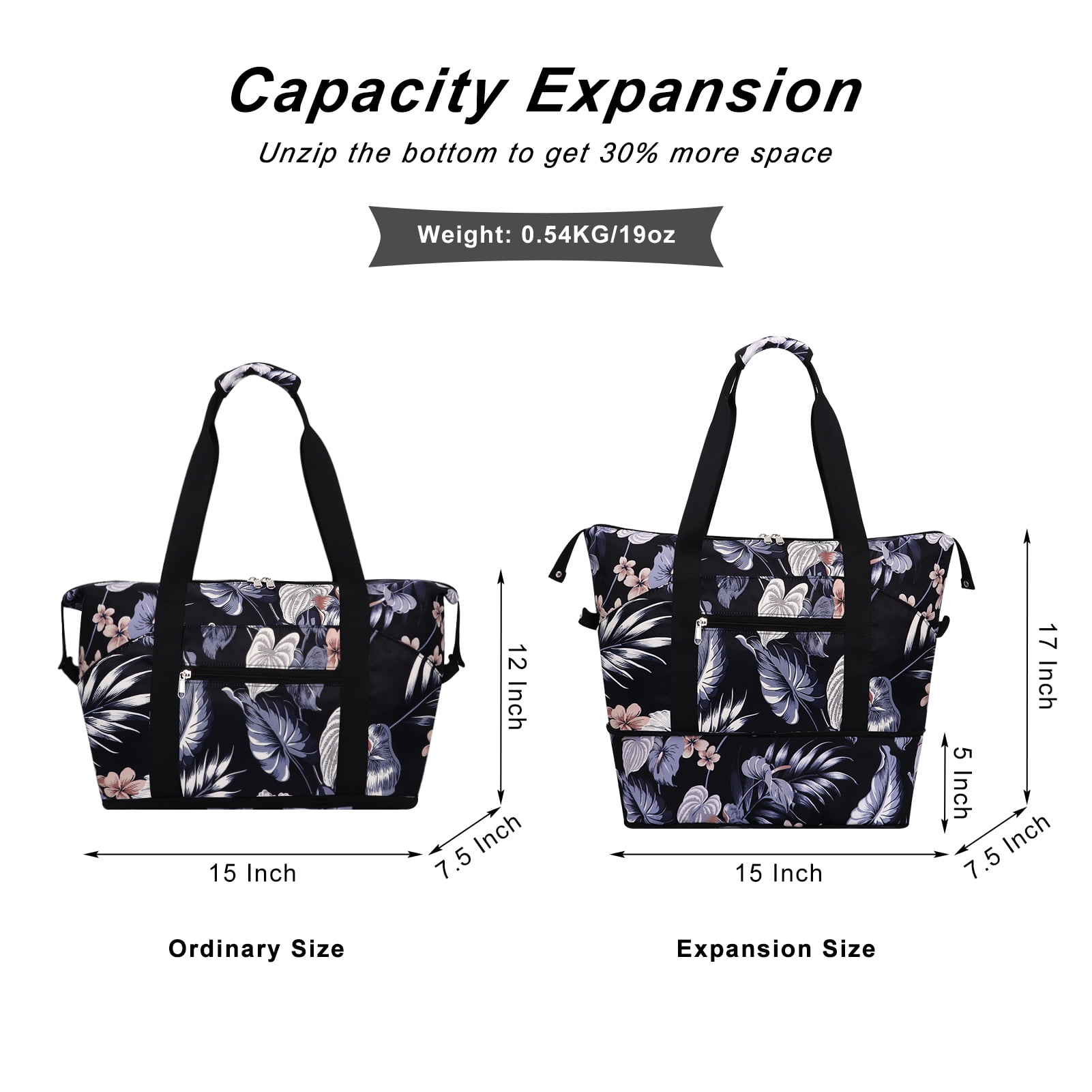 HAWEE Expandable Duffel Bag for Women with Trolley Sleeve and Wet Pocket Water Repellent Weekender Travel Tote Large Capacity Carry On Overnight Luggage for Gym/ Trip/ Camping/ Beach, Hibiscus