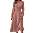 thumbnail image 2 of Busydd Women Dresses Trendy V Neck Wedding Guest Dresses for Women Casual Solid Color Tunic Homecoming Dresses Comfy Long Sleeve Midi Dresses for Women XS, 2 of 7