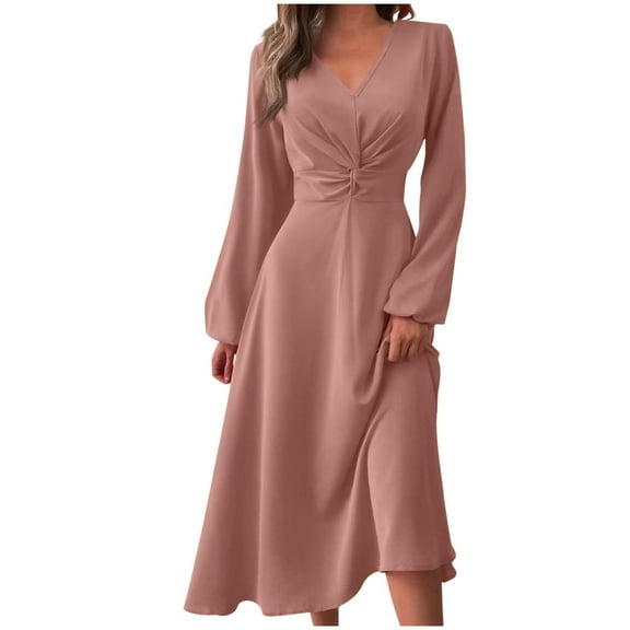 Oplxuo Long Sleeve Wedding Guest Dress for Women V-Neck Twist Waist Cocktail Party Maxi Dresses
