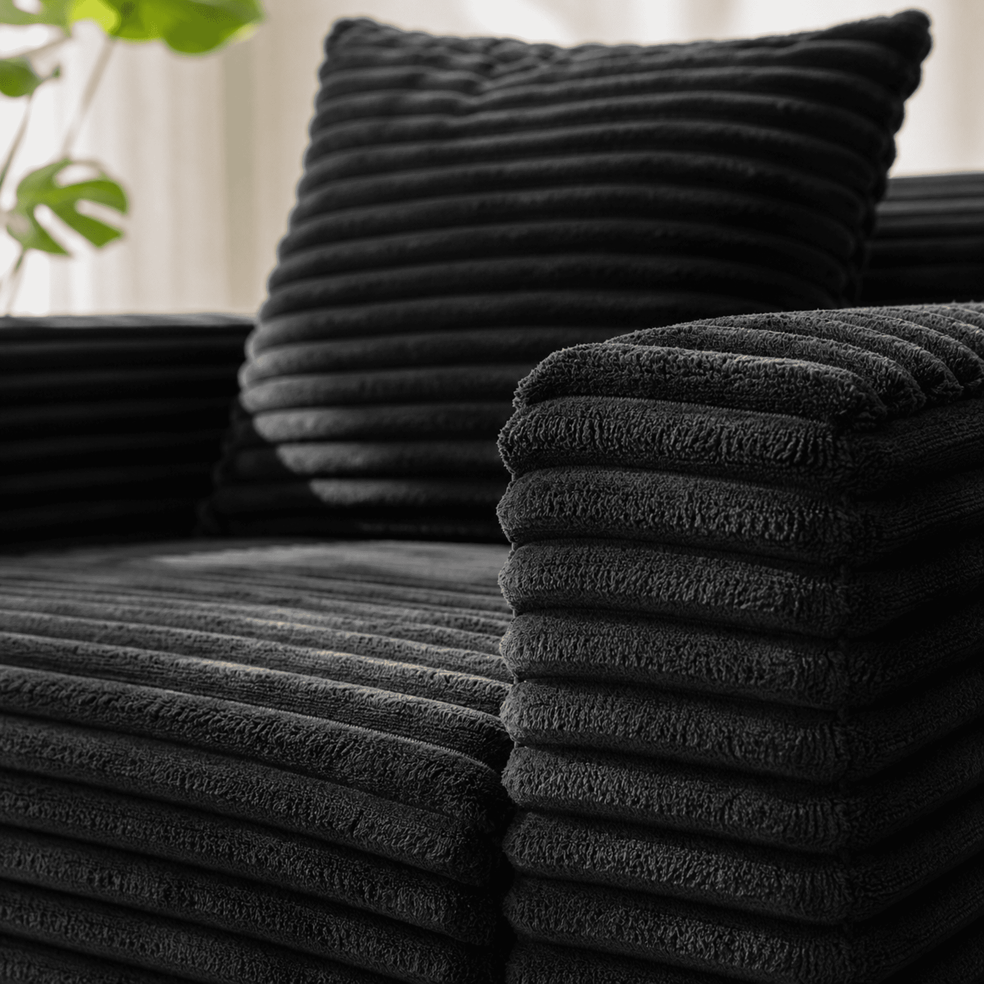 Leumius Futon Sofa Bed,Folding Boneless Couch with Cup Holders，Chenille Pull Out Sofa Bed with 2 Pillows or Living Room & Bedroom,Black
