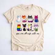 Inclusive Pride T-Shirt, You Are All Safe With Me Cat Graphic Tee, LGBTQ Ally Multi Flag Queer Apparel Gift