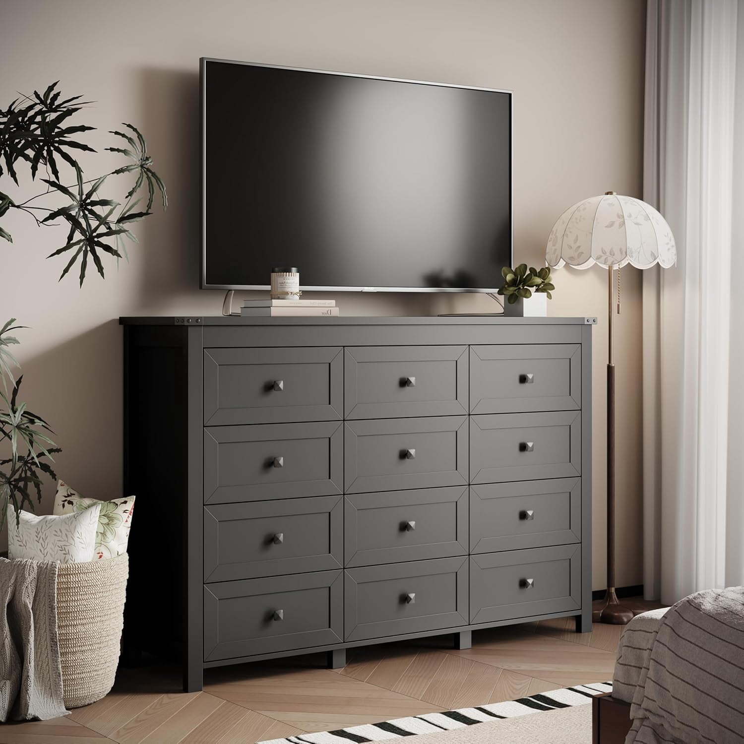 FANRAL Dresser for Bedroom with 12 Drawers,Wood Metal Handle Closet Storage Cabinet,Wide TV Stand Chests of Drawers,Black Dresser